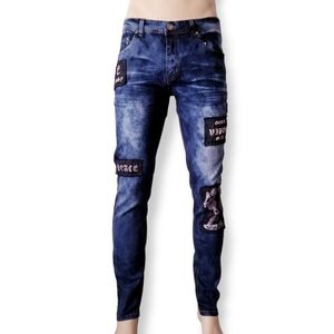 Black Keys Blue Acid Wash Skull Patchwork Slim Fit Jeans Size 34 x 32
